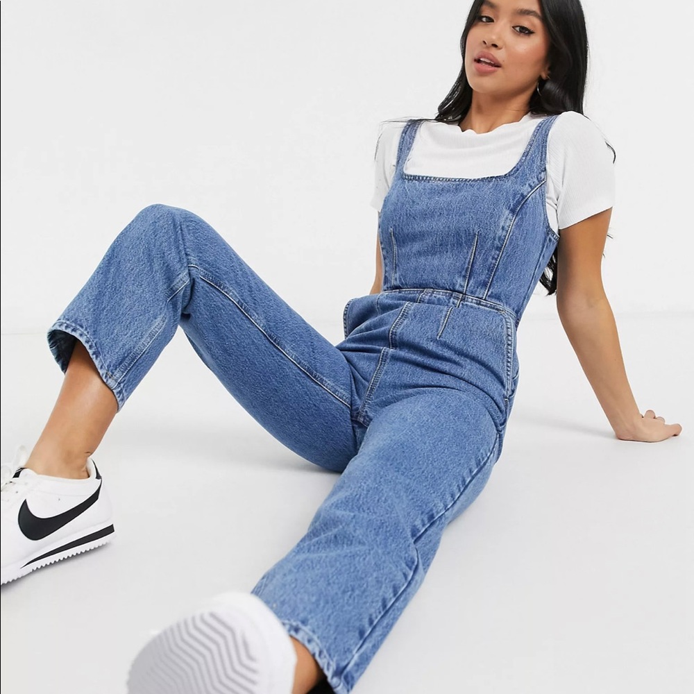 ASOS DESIGN Petite denim square neck fitted jumpsuit in midwash